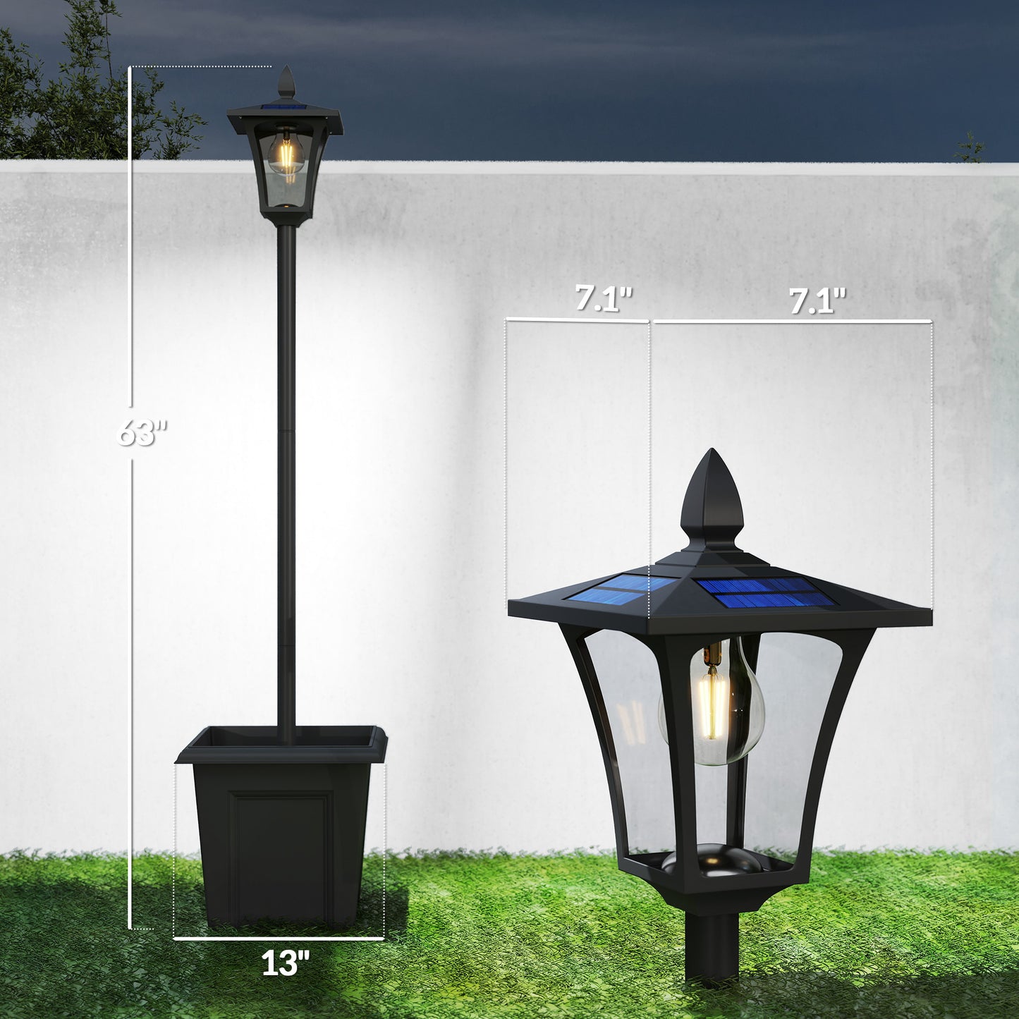 63" Waterproof Solar Lamp Post Lights with Planter - 2 Pack, Black