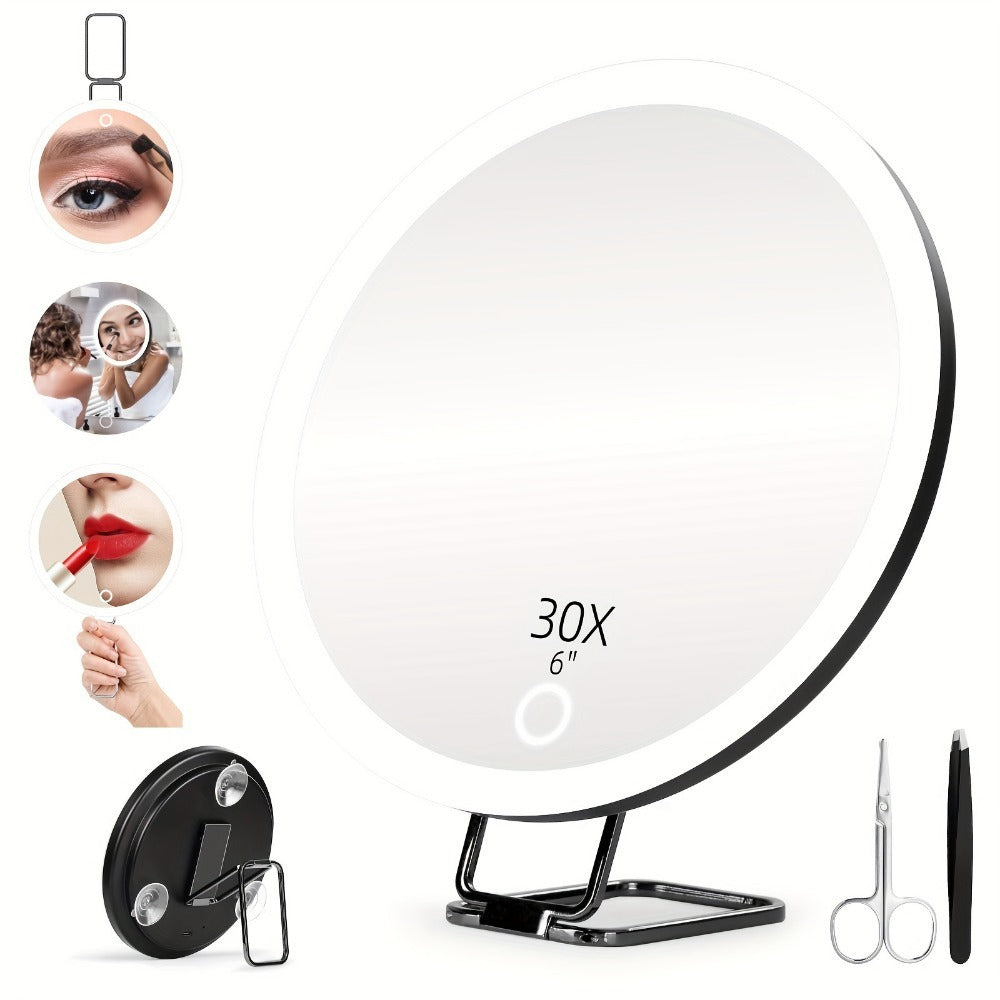 LED Makeup Mirror with Light Stand and Rotating Frame - Multiple Magnifications