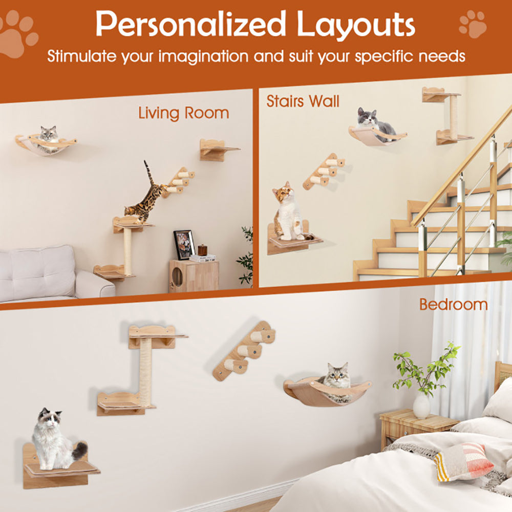 Wall-Mounted Cat Furniture Set of 4 with Hammock and Climbing Steps - Natural
