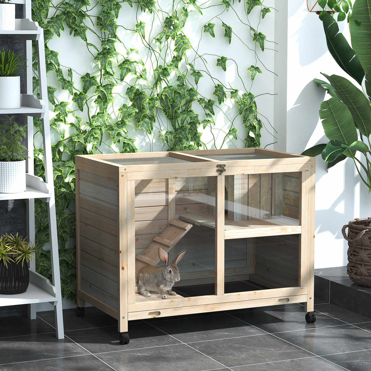 Wooden Rabbit Hutch with Wheels, Openable Roof, Waterproof Small Animal Cage