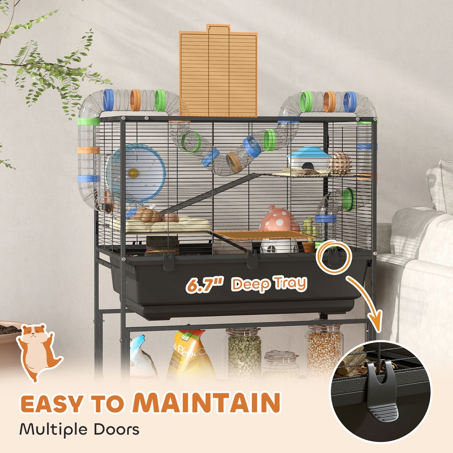 3-Tier Hamster Cage with Deep Tray, Exercise Wheel & Storage Shelf - Black