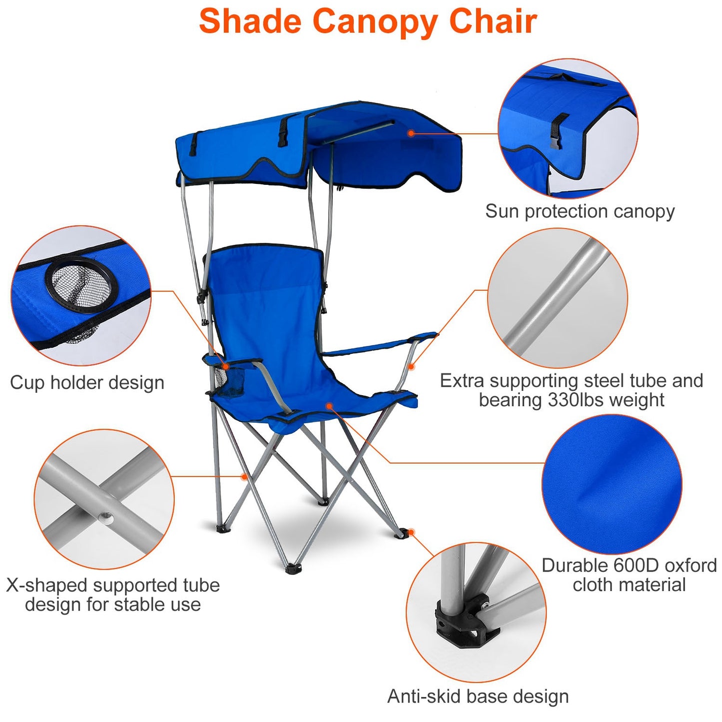 Foldable Canopy Camping Chair with Cup Holder - 330lbs Capacity