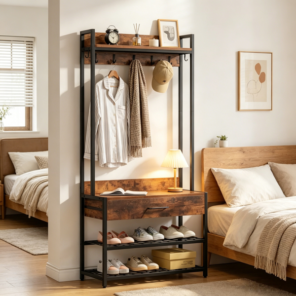 3-in-1 Coat Rack with Bench and Shoe Storage - Black Metal