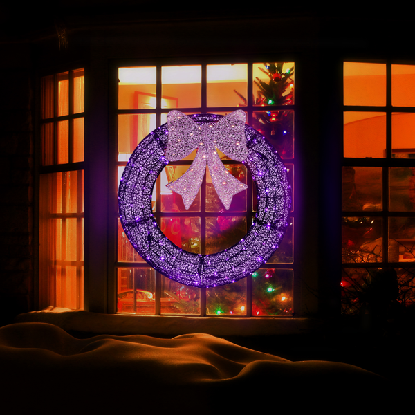 36-Inch Pre-Lit Christmas Wreath with Remote Control LED Lights - Purple Bow