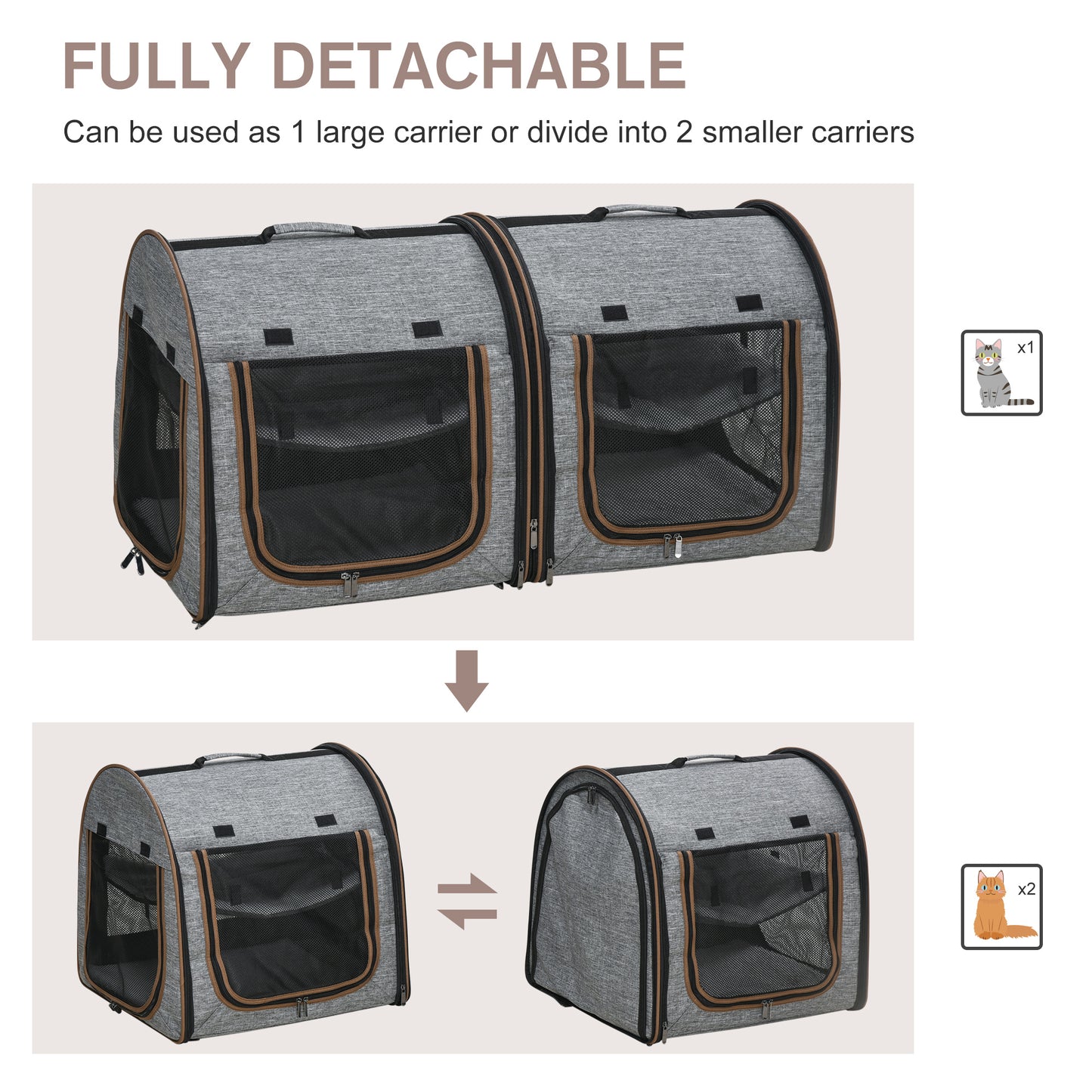 Portable Soft-Sided Cat Carrier with Divider and Storage Bag - Grey