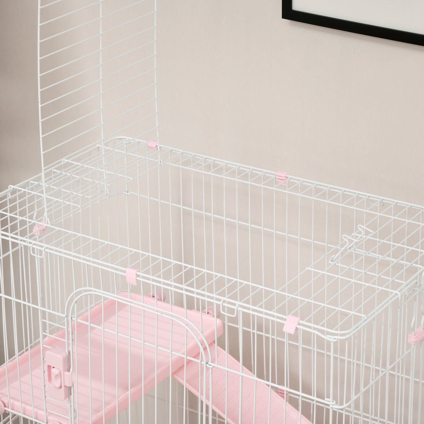 Small Animal Cage with Wheels & Slide-Out Tray for Rabbits, Chinchillas, Ferrets - Pink, 32 Inches