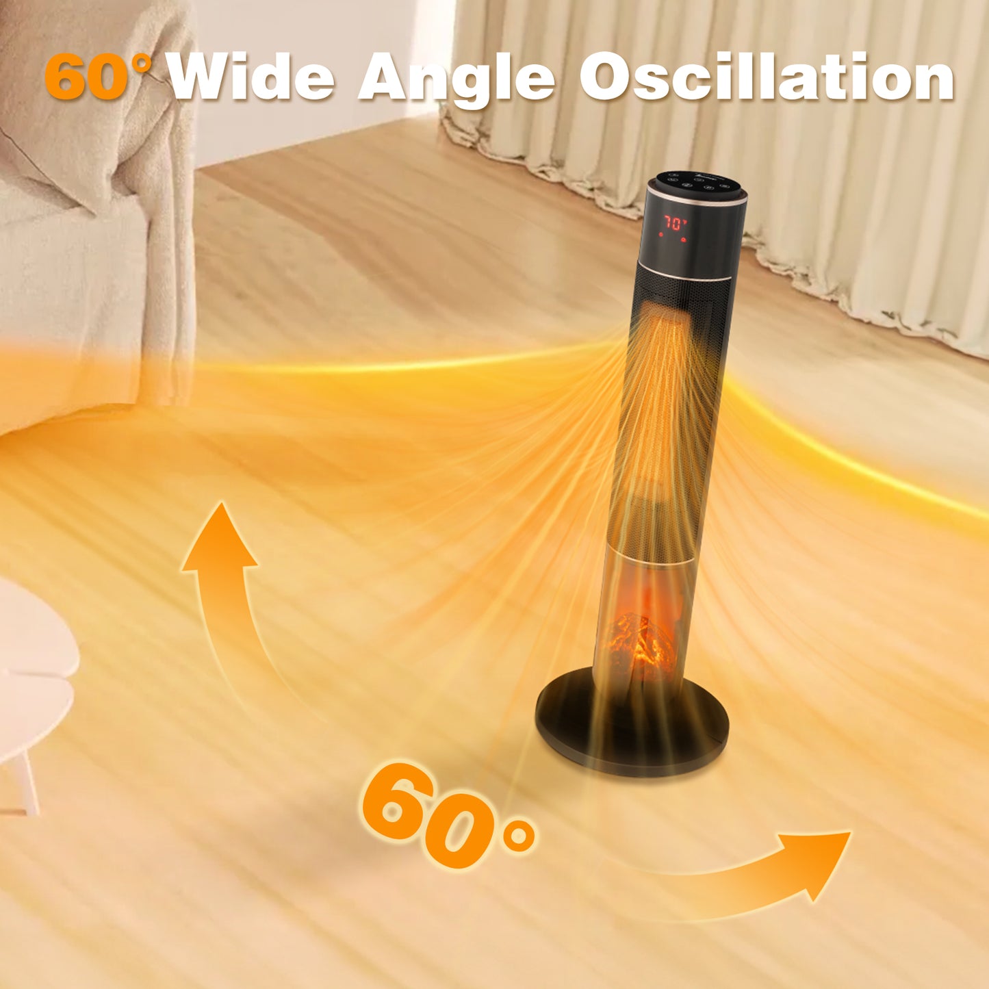 32inch Tower Space Heater with 3D Flame Effect, 1500W Portable Electric Heater with Thermostat, Oscillation, Timer & Remote