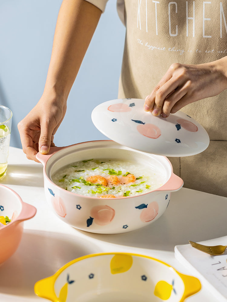 Ceramic Double-Ear Soup Bowl 7-Inch Large Porcelain Noodle Bowl Peach