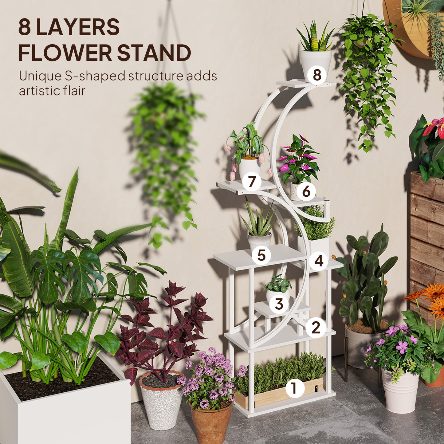 8-Tier Indoor Plant Stand Corner Shelf - White S-Shaped Multi-Level Garden Rack