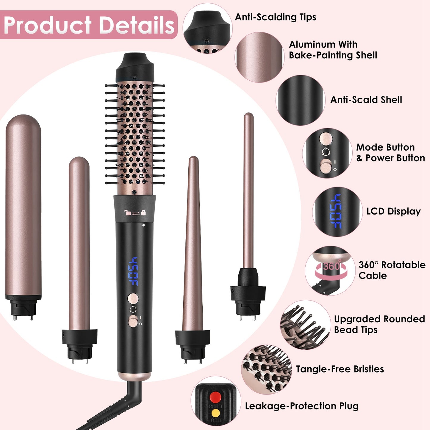 5-in-1 Curling Iron Wand Set with Interchangeable Barrels & Heat Control