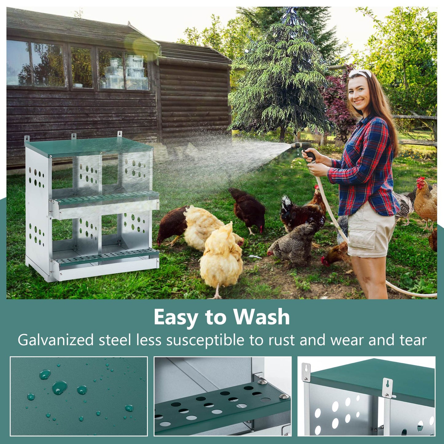 4-Compartment Galvanized Steel Chicken Nesting Box Wall Mount Egg Laying Coop with Green Finish