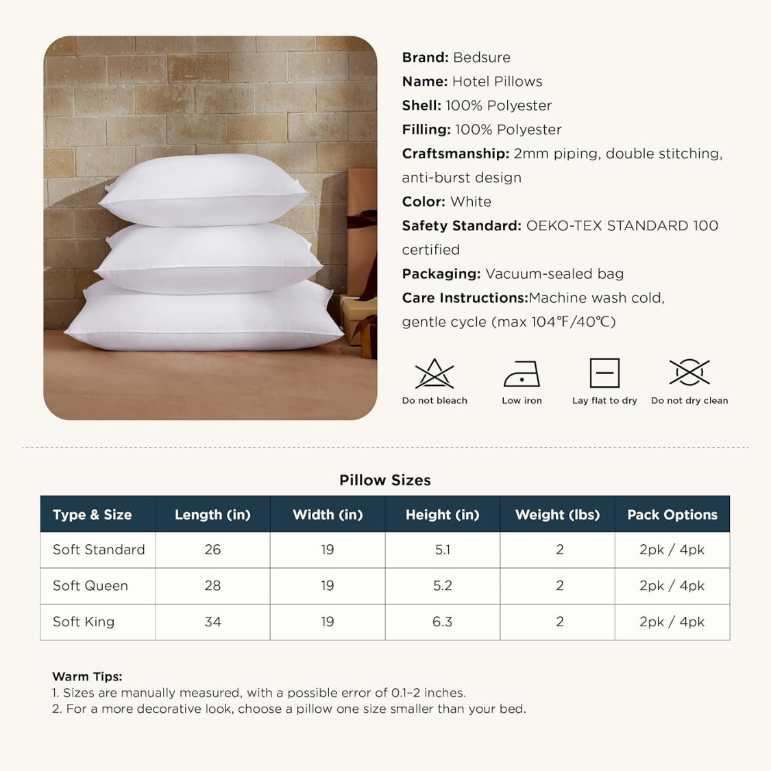 Queen Full Bed Pillow 28x19 Inch Soft Down Filling for Sleepers - White