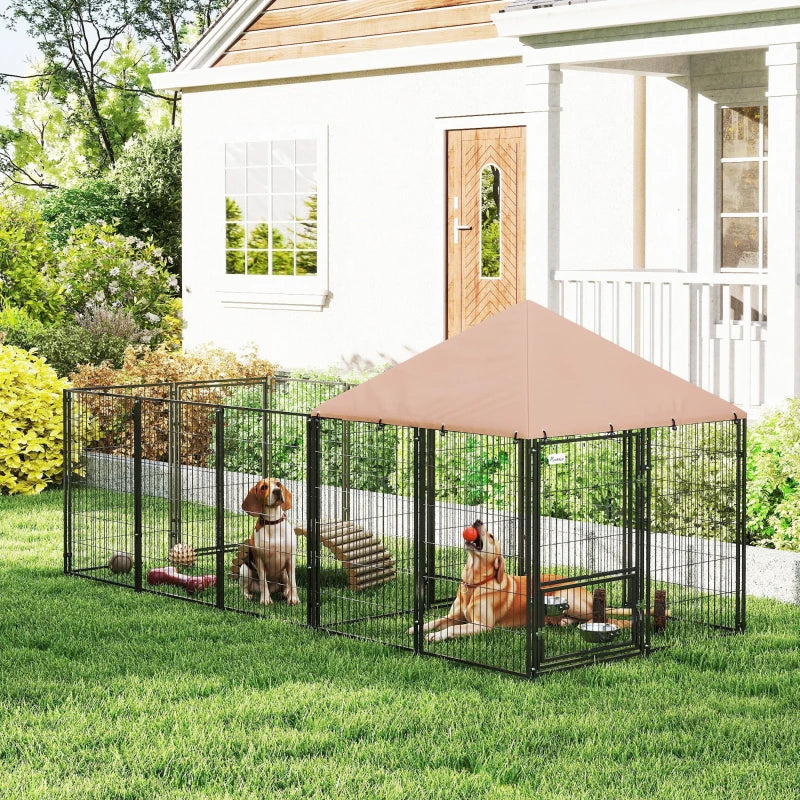 Large Outdoor Dog Kennel with Rotating Adjustable Feed Bowls Waterproof Canopy