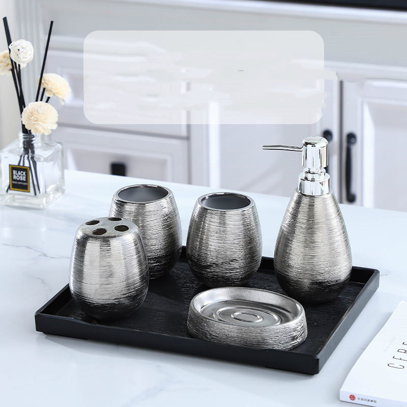 Handmade Vintage Ceramic Bathroom 5-Piece Set - Brushed Silver Finish