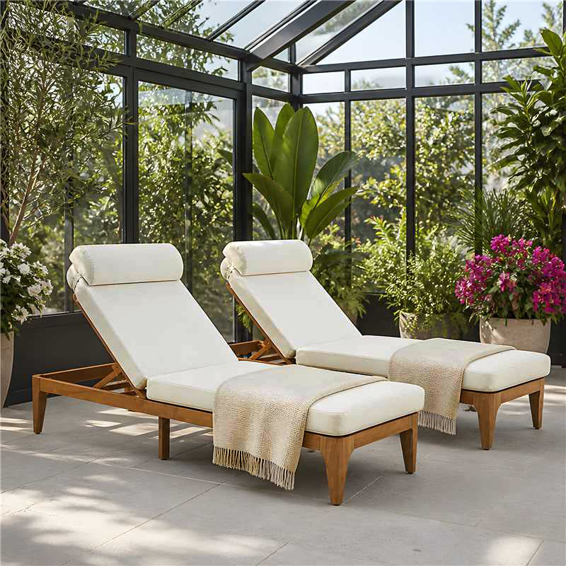 Acacia Wood Chaise Lounge Set - Outdoor Recliner with Adjustable Backrest & Pillows - Beige