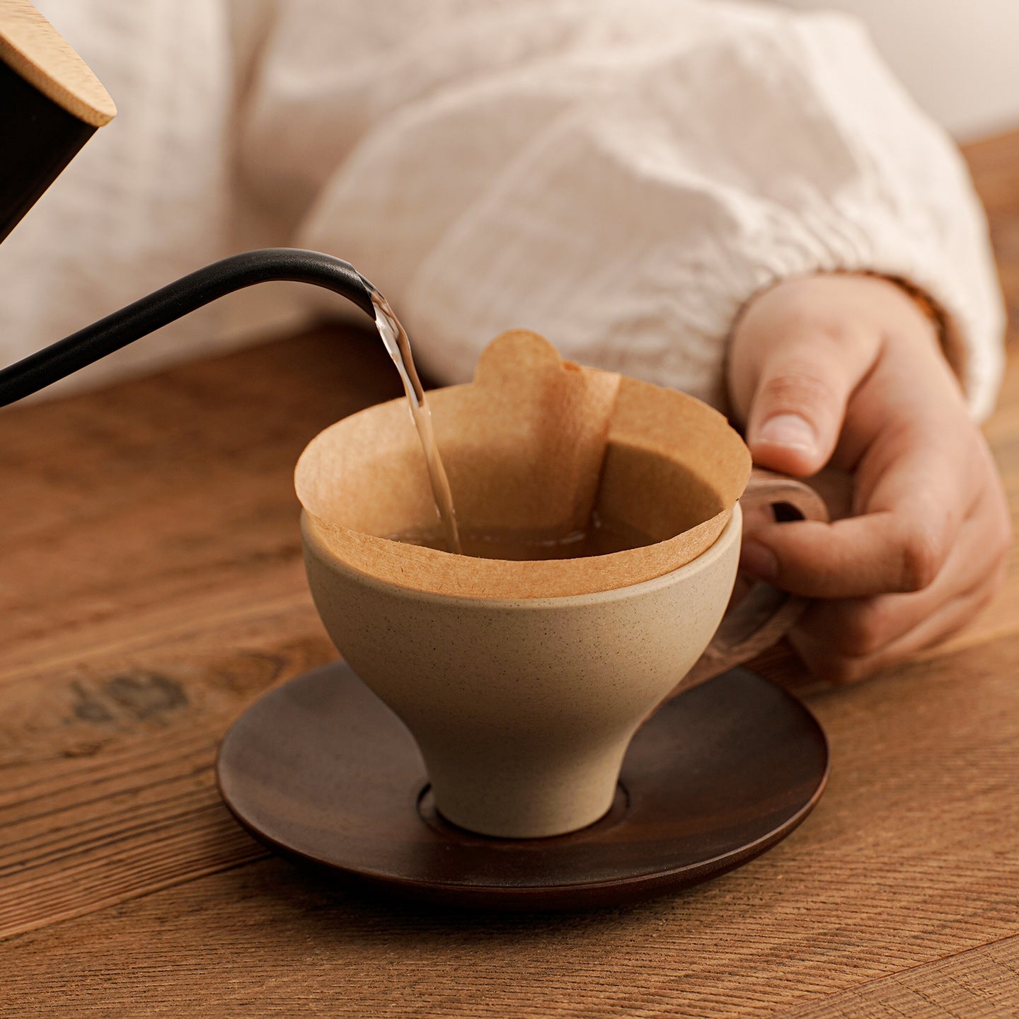 Minimalist Ceramic Coffee Cup with Wooden Handle and Coaster - 200ml