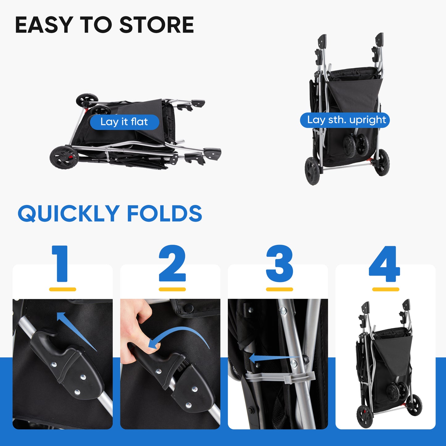 Pet Stroller for Cats and Dogs with Storage and Safety Features - Black