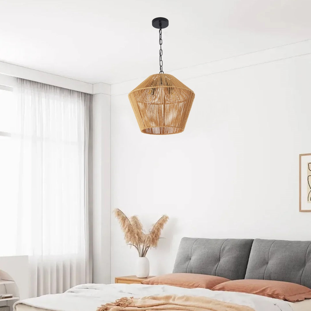 Boho Hemp Rope Pendant Light Fixture - Adjustable Height, Natural Finish
