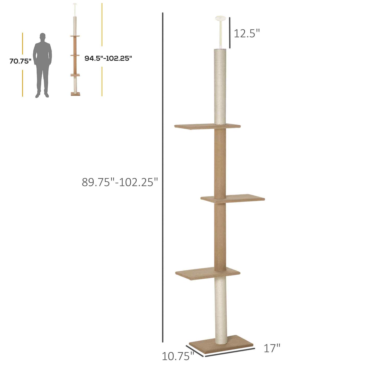 Floor-to-Ceiling Cat Tree Tower with Sisal Scratching Posts - Light Brown, 580x290x280 mm