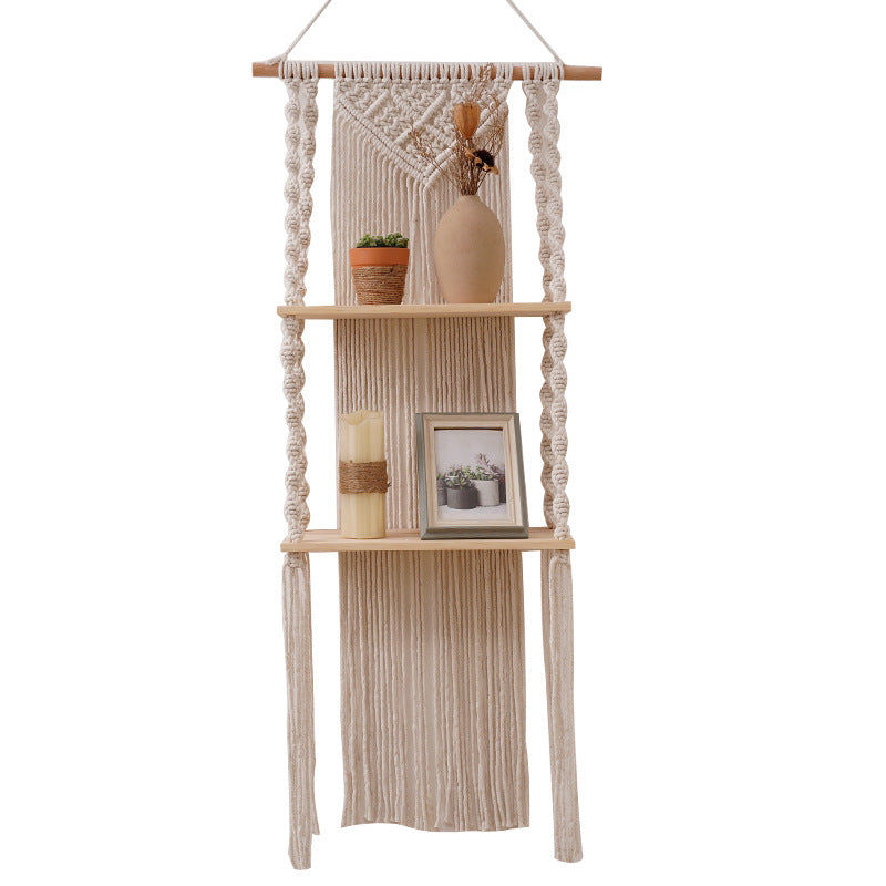 Bohemian Woven Tapestry Shelf with Wooden Bar - Natural Beige 40x90cm