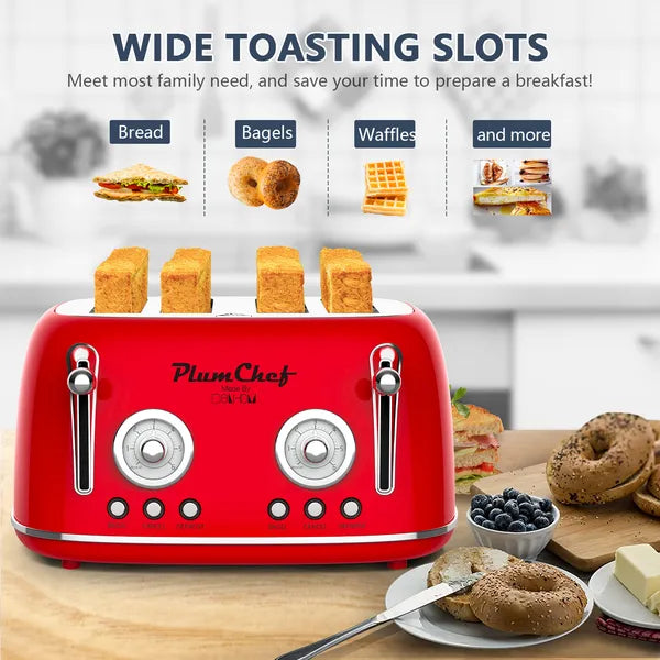 4 Slice Retro Toaster with Warming Rack - 6 Browning Settings, Red Kitchen Appliance
