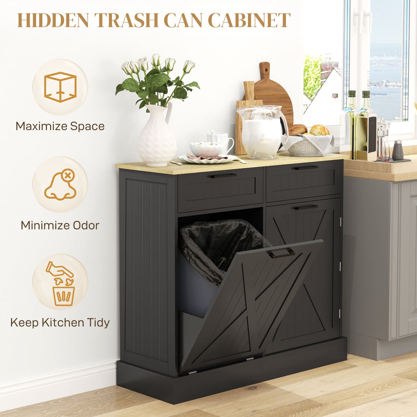 Tilt-Out Trash Can Cabinet with 2 Drawers - Black Farmhouse Style