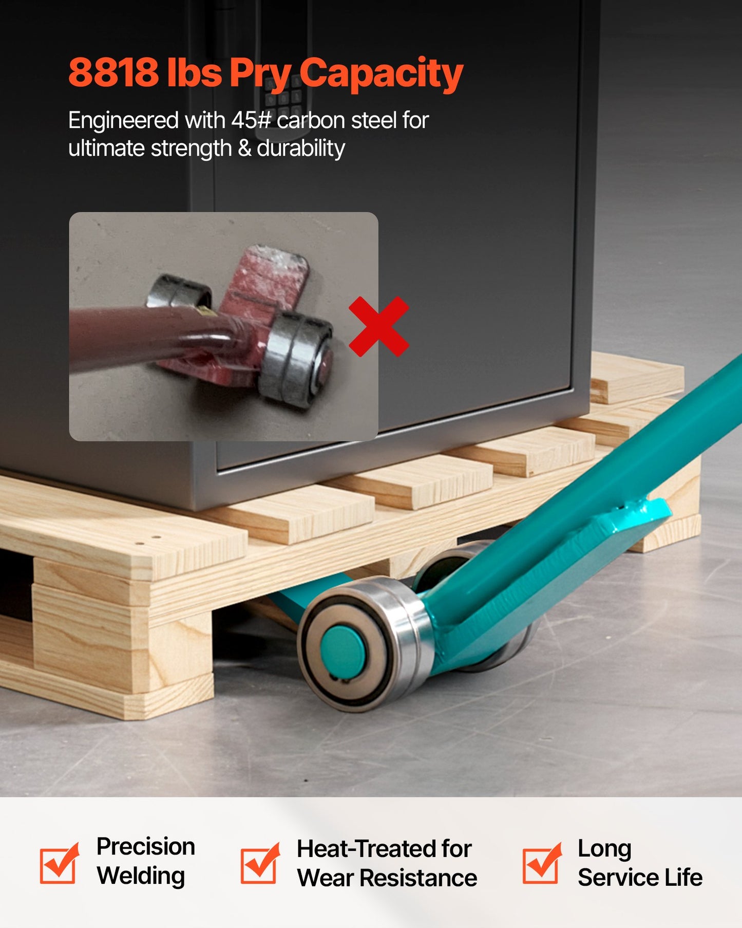 Heavy Duty Pry Lever Bar with Wheels - 56.5 Inch Carbon Steel Handle for Pallets & Heavy Equipment