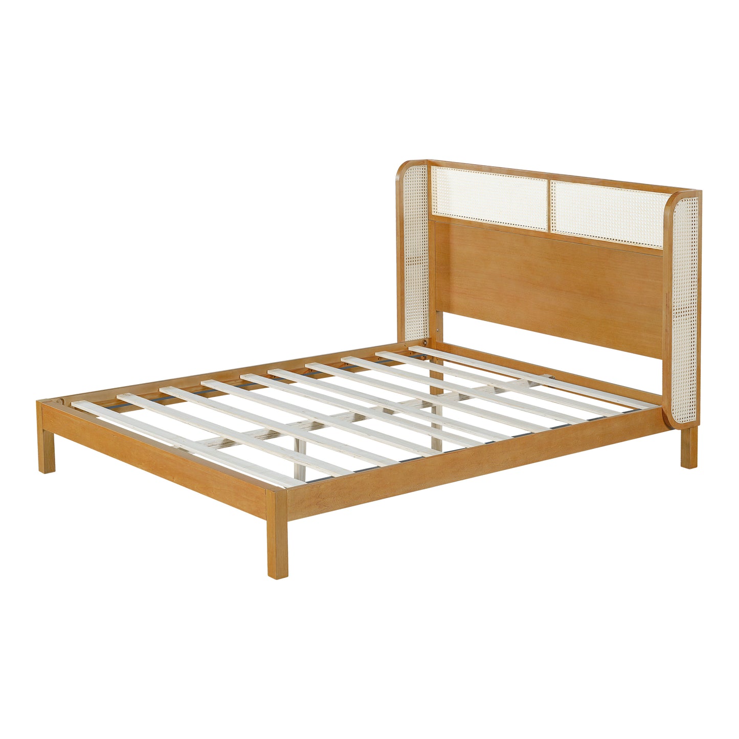 Queen Platform Bed Frame with Headboard - Mid Century Modern Natural Rubber Wood