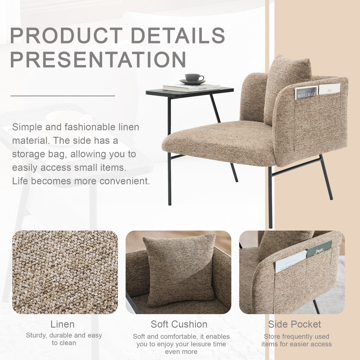 Modern Khaki Lounge Chair with Side Table & Back Pillow