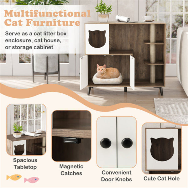 Multifunctional Cat Furniture with Scratching Posts, Privacy Enclosure & Storage