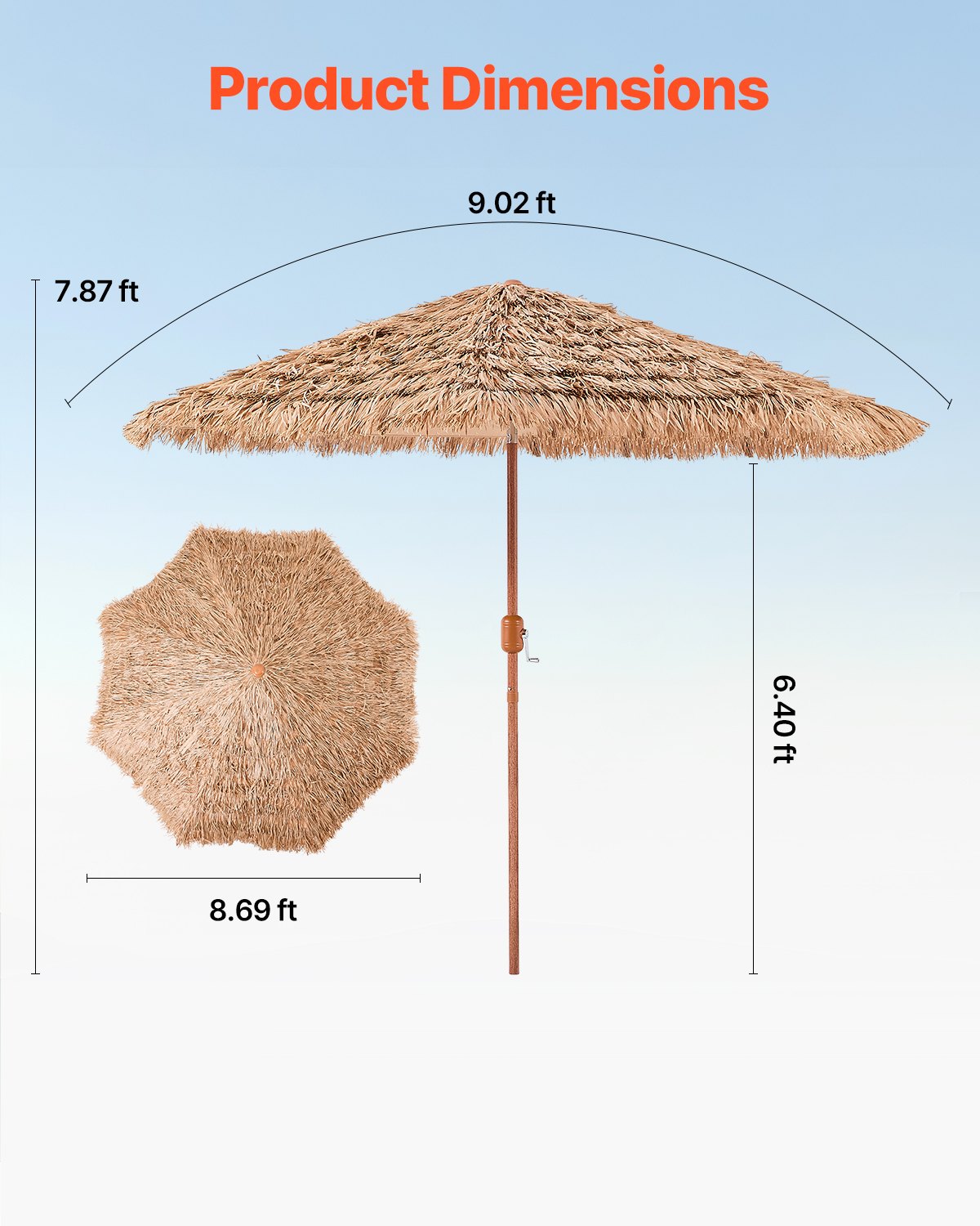 9 Ft Thatched Tiki Umbrella with Adjustable Tilt for Patio & Beach