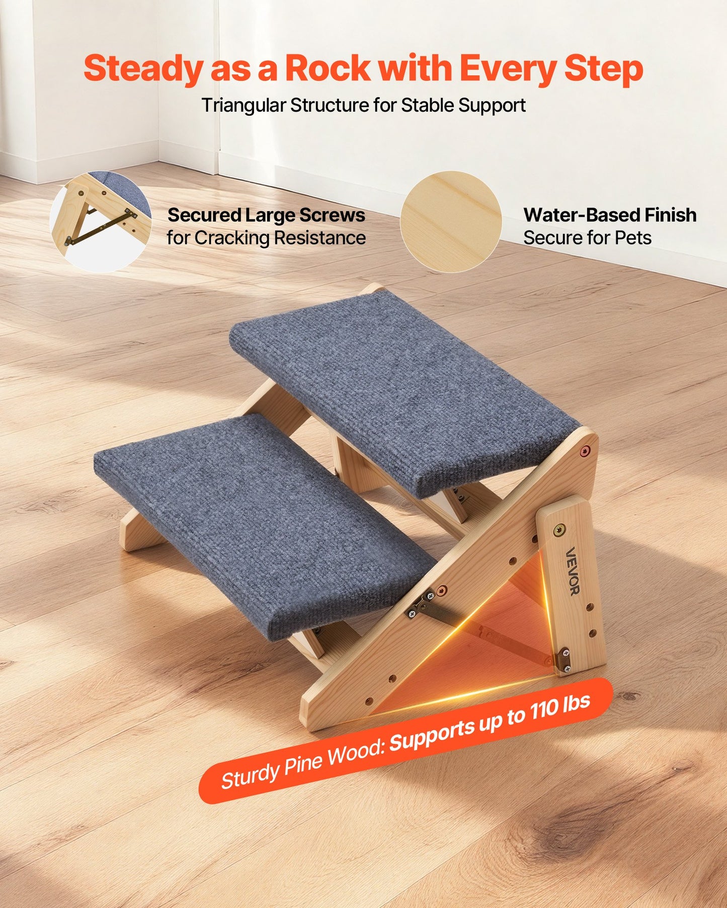 Wood Dog Steps for Bed Sofa Car - 2-Step Pet Ladder, 110lb Capacity, Foldable & Stable