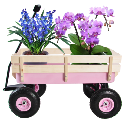All Terrain Garden Wagon with Wood Railing and Air Tires for Outdoor Use