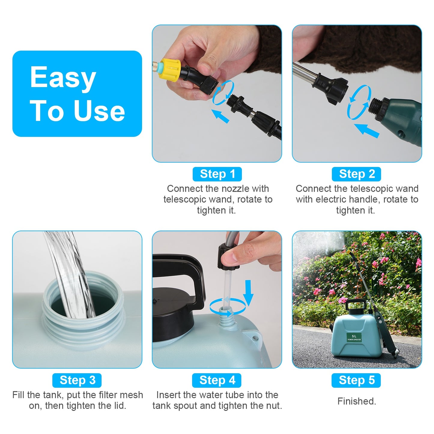 Portable 5L Battery Water Sprayer Garden Tool with 3 Nozzles & Telescopic Wand