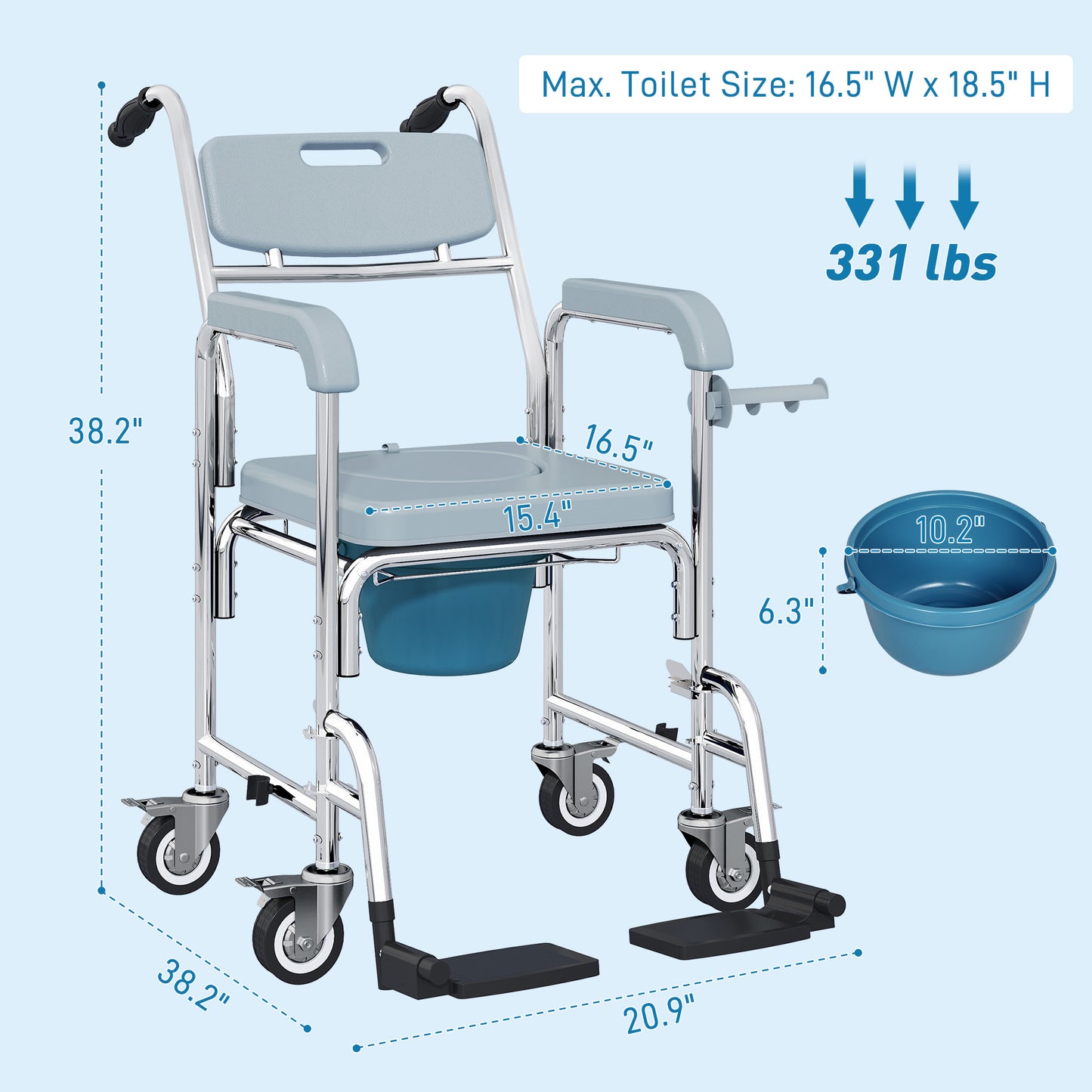 Rolling Shower Wheelchair for Seniors - 4-in-1 Commode Chair, Gray
