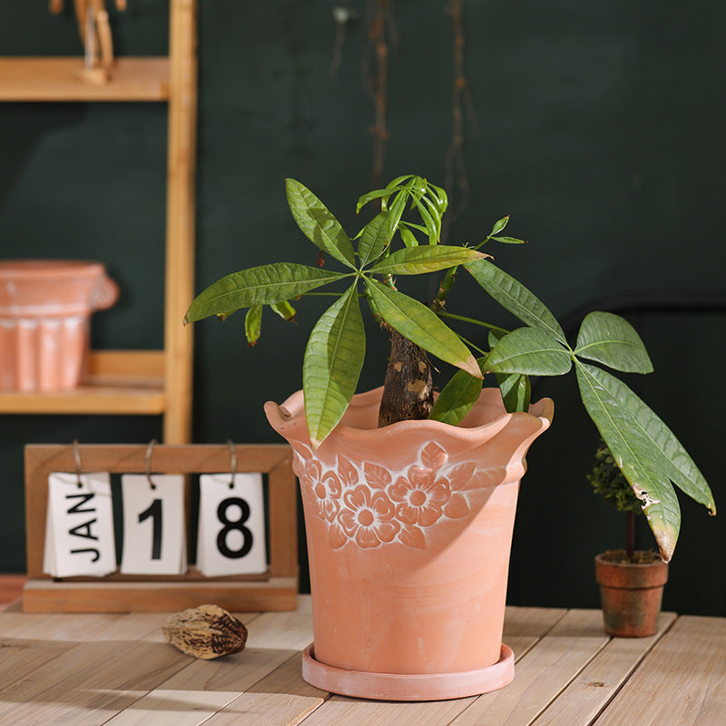 Breathable Red Pottery Flower Pot with Geometric Shape and Holes - Nordic Style