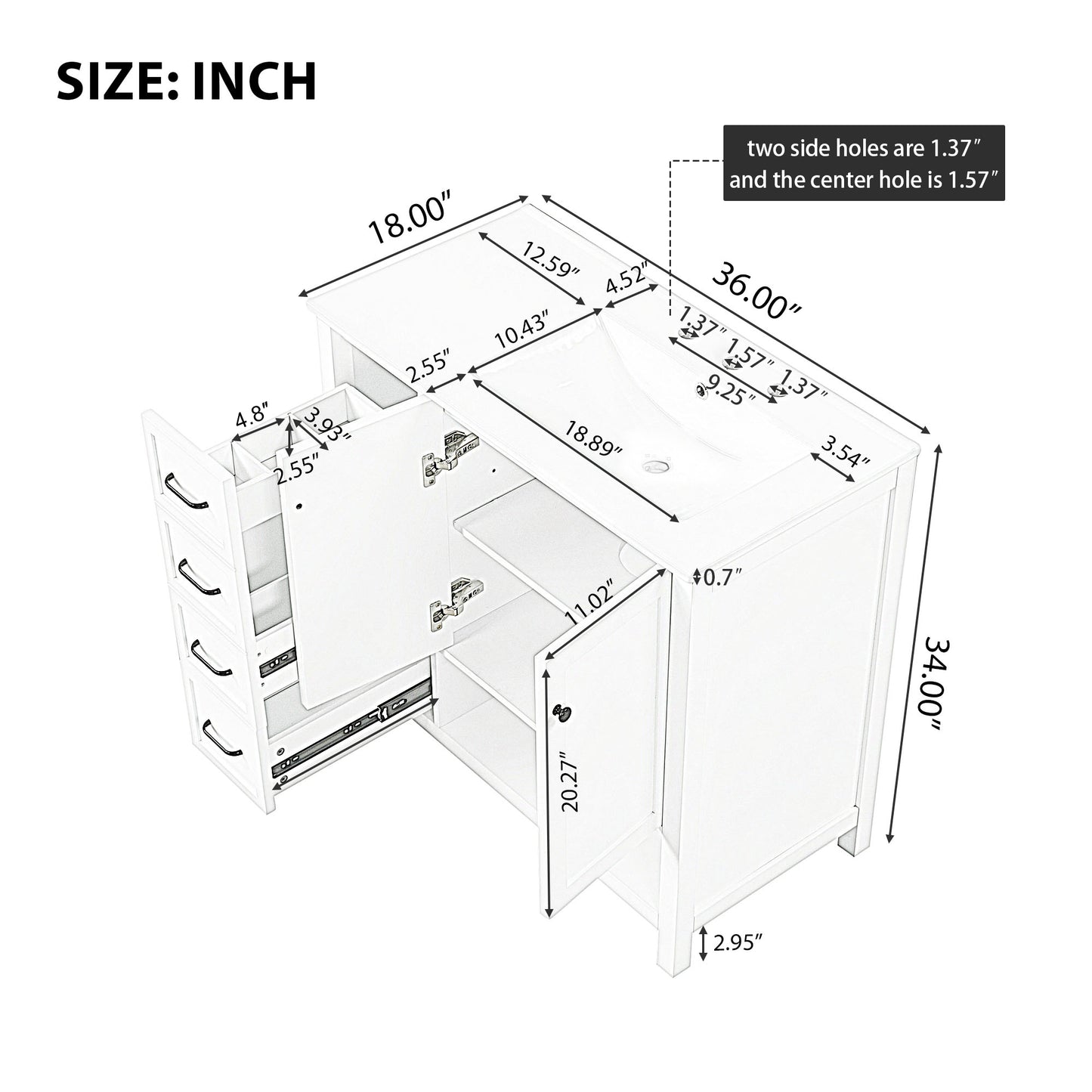 36" Bathroom Vanity with Sink Top - Solid Wood, White