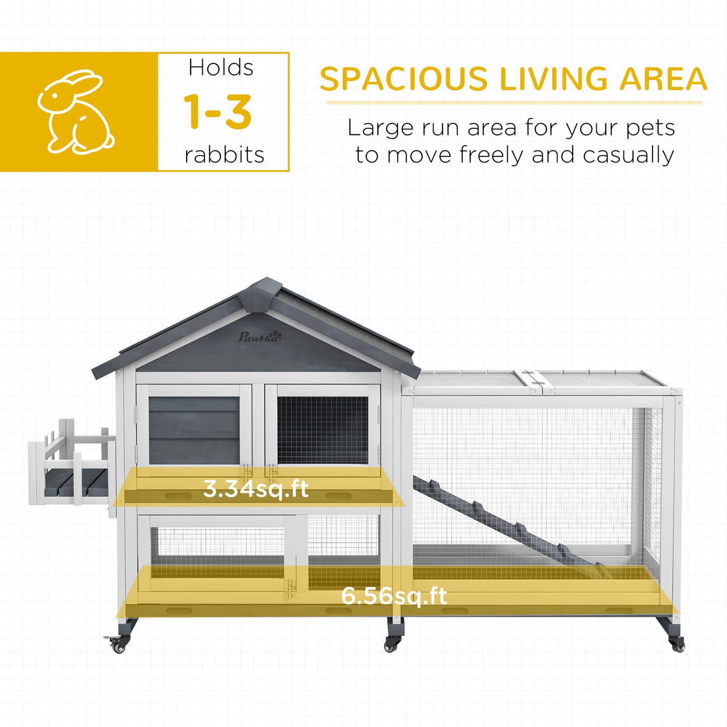 Wooden Rabbit Hutch with Openable Roof & Storage - 65 Inch Pet House for Small Animals, Gray