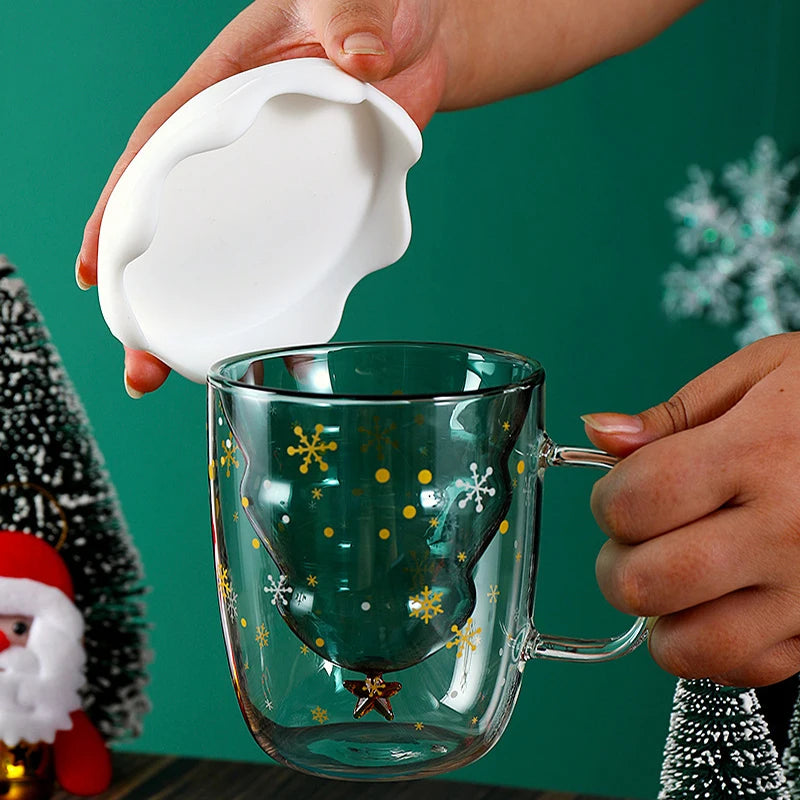 Christmas Tree Mug Double Walled Borosilicate Glass Cup with Handle - Holiday Drinkware