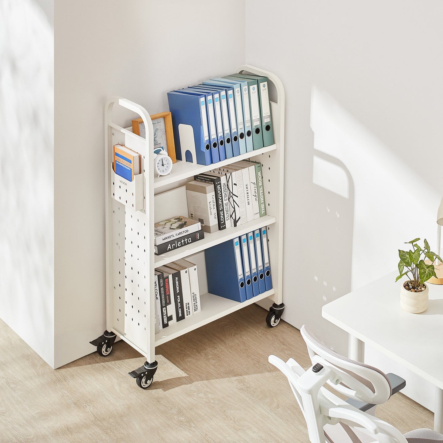 White 3-Tier Rolling Book Cart with Locking Casters - Heavy Duty Storage