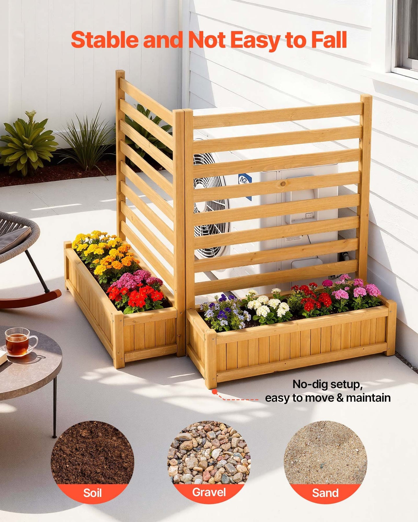Wooden Privacy Fence Panel with Planters for Garden and Pool - 36x45 Inch Black