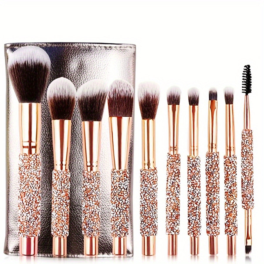 10-Piece Luxury Crystal Makeup Brush Set - Diamond Handle with Pouch