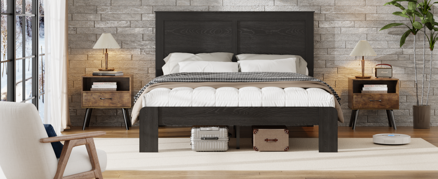 Full Wood Platform Bed Frame with Underbed Storage - Black