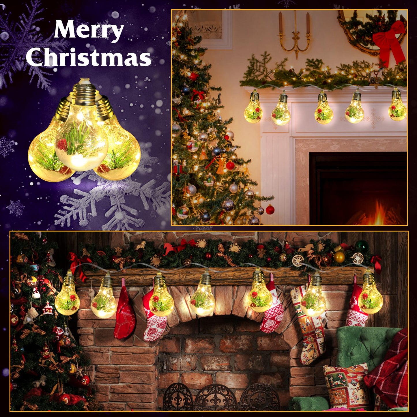 Warm White Christmas Snow Globe String Lights - 10 LED Bulbs, 13.78FT