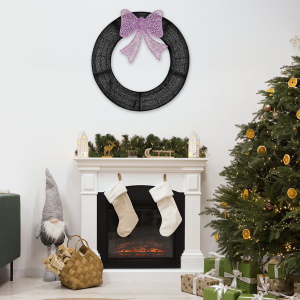 36-Inch Pre-Lit Christmas Wreath with Remote Control LED Lights - Purple Bow