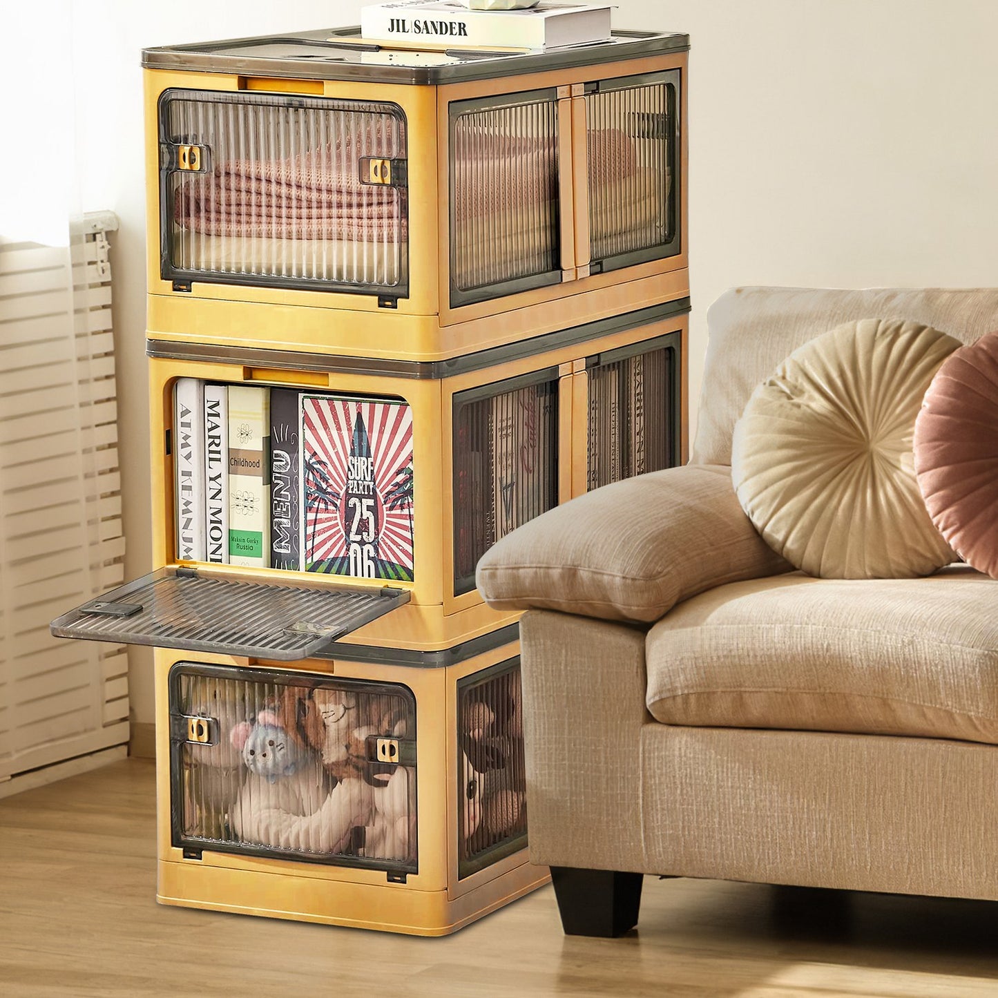 3Pcs Foldable Storage Bins With Lid 4 Doors Collapsible Stackable