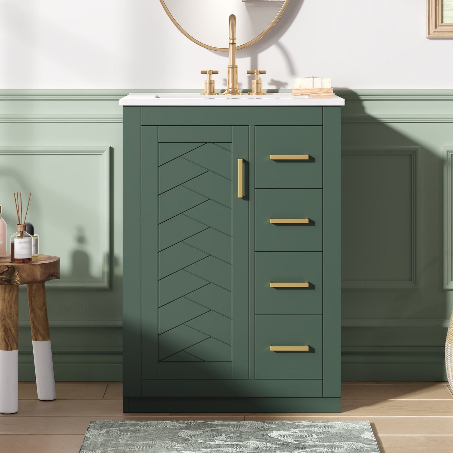 24" Green Bathroom Vanity with Integrated Ceramic Sink & 3 Drawers