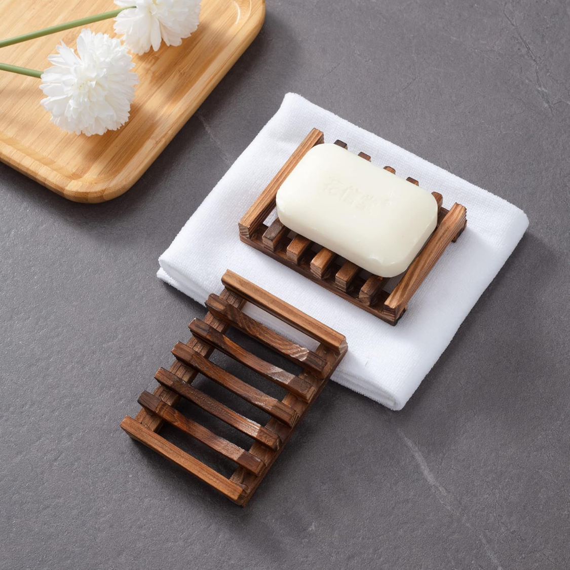 Self-Draining Soap Dish Set of 2 - Brown Wooden Bar Holder