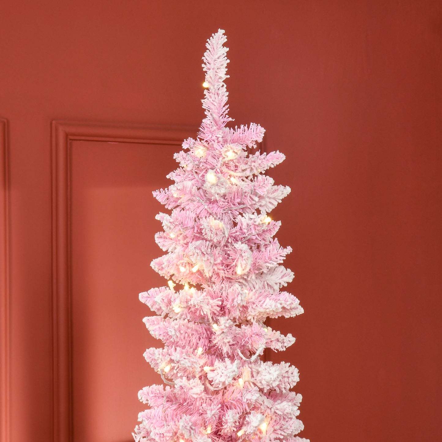 7.5ft Prelit Snow Flocked Pink Pencil Christmas Tree with LED Lights