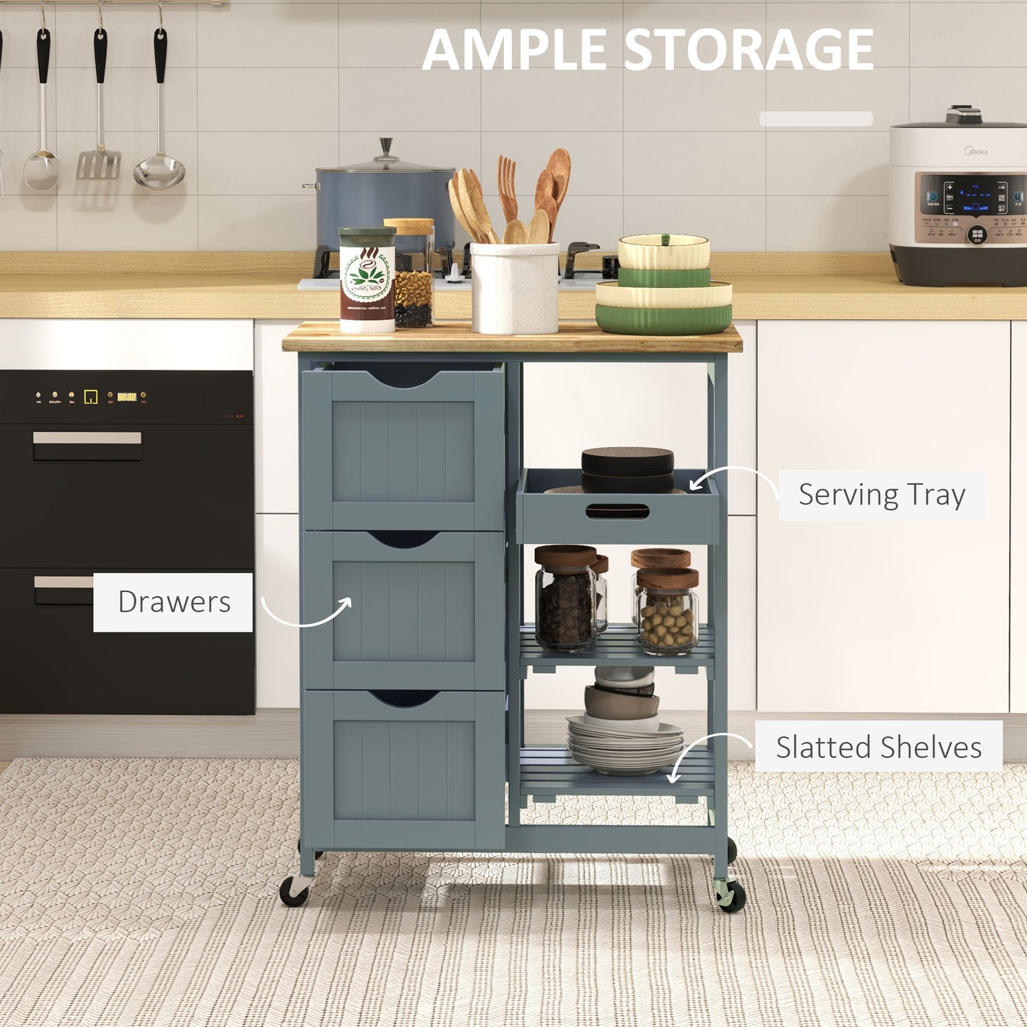 Rolling Kitchen Cart with Wood Top, Shelves & Drawers - Gray
